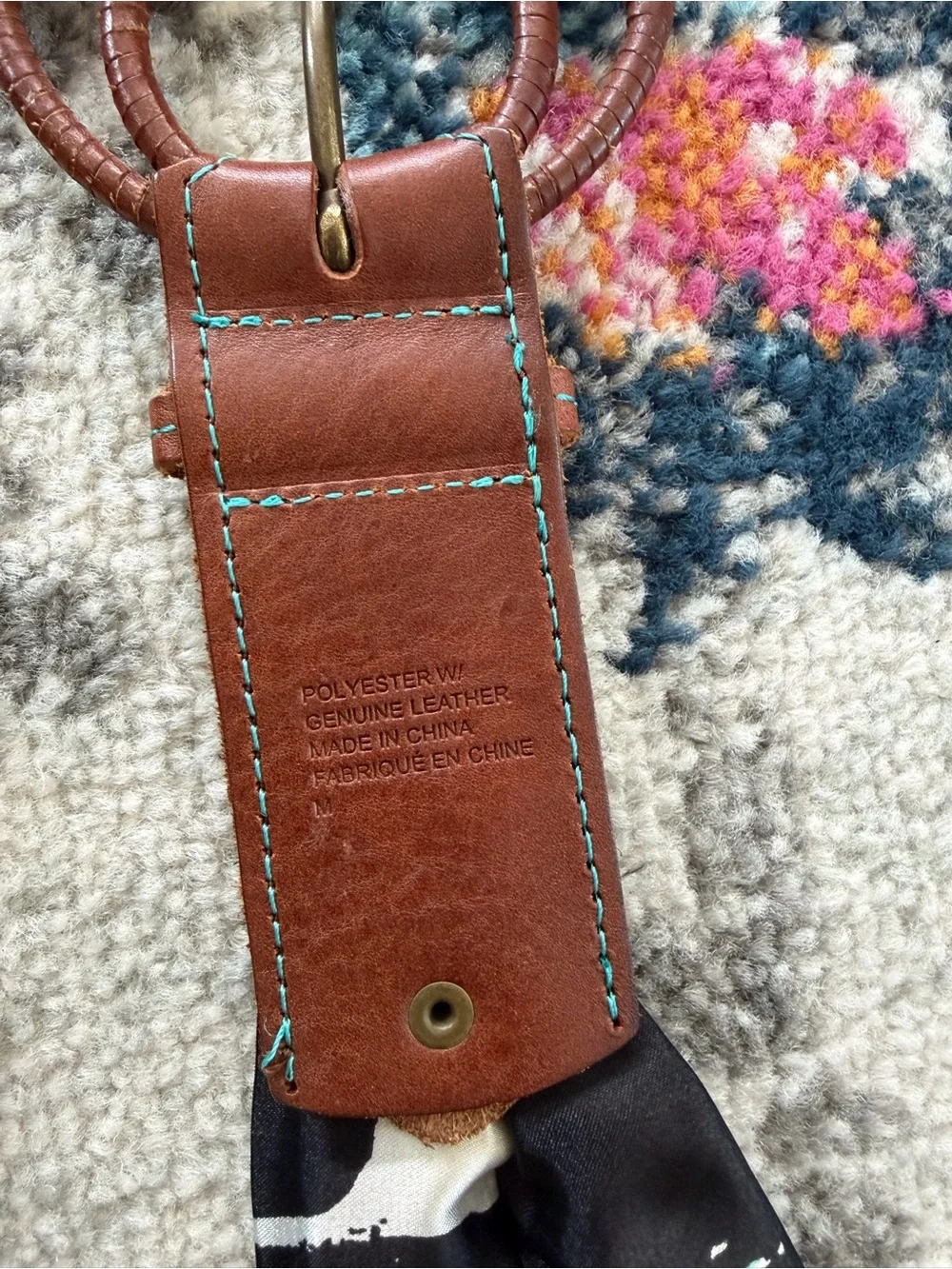 Anthropologie Fluidity Brown Leather and Abstract Fabric Blue Patterned Belt